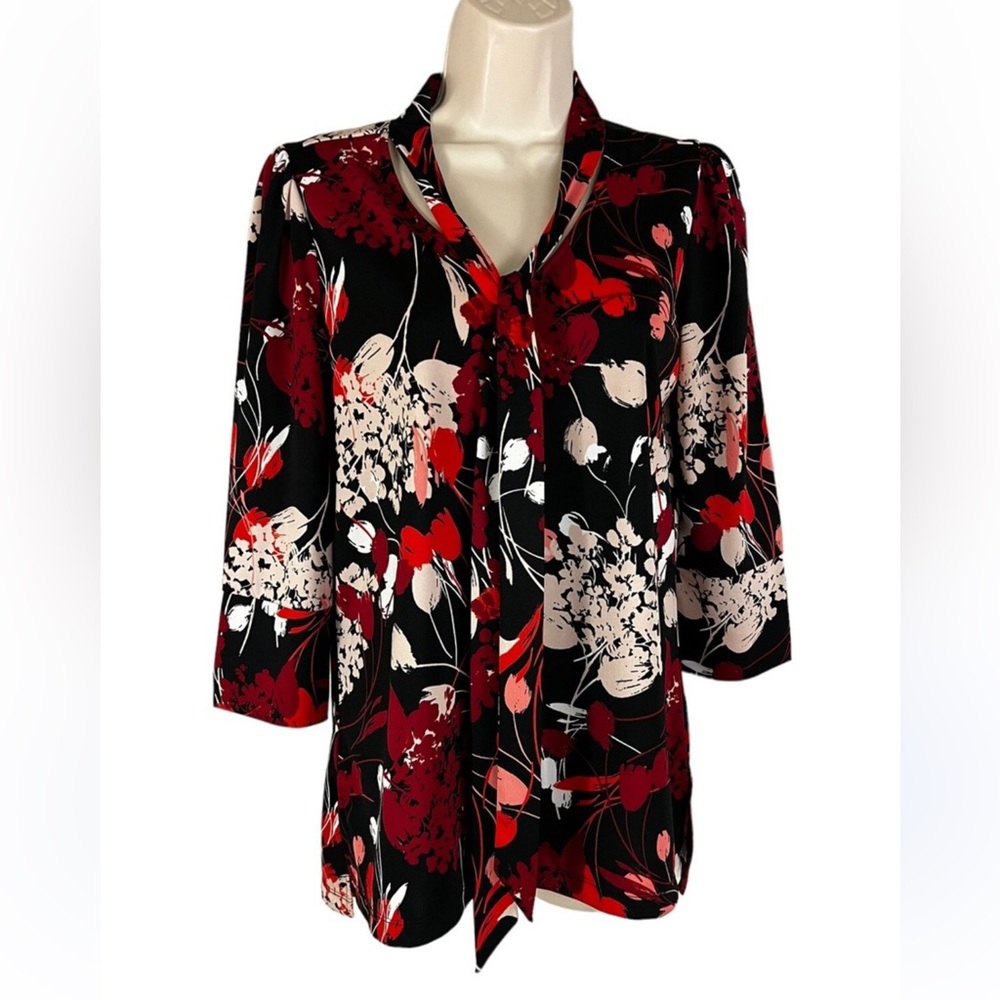 Worthington Women's  Floral 3/4 Sleeve Tie Neck Blouse in Black Montpellier NWT